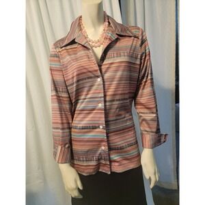 Vtg‎ Y2K BOHO HIPPIE Secretary geek Striped Pointed Collar button up  M